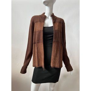 Evan-Picone Suede Blocked Cardigan Sweater  M Brown   Cotton and Leather